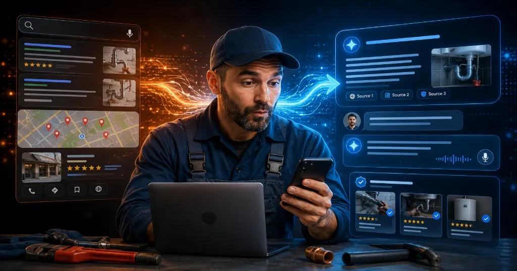 Contractor analyzing search results and AI overviews on laptop and phone