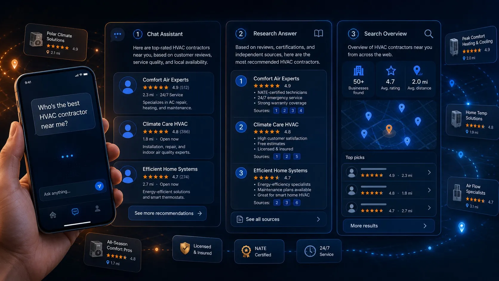 Split screen showing ChatGPT, Perplexity, and Google AI Overview each recommending local contractors with citation links highlighted