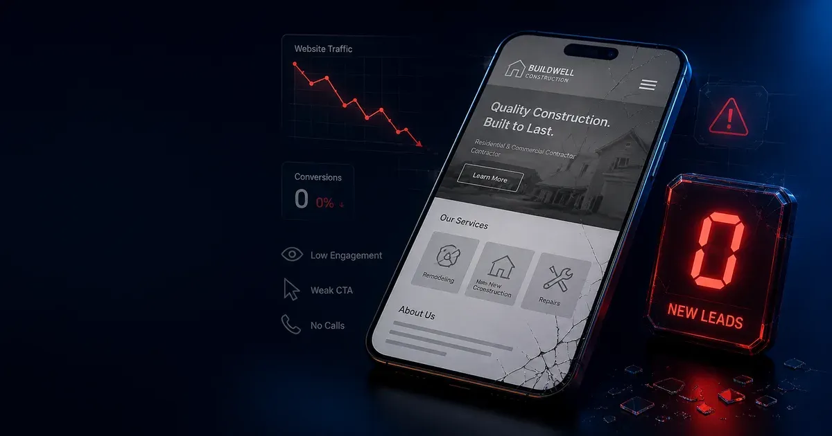 Cracked smartphone showing a contractor website with zero conversions, declining traffic chart, and 0 new leads display