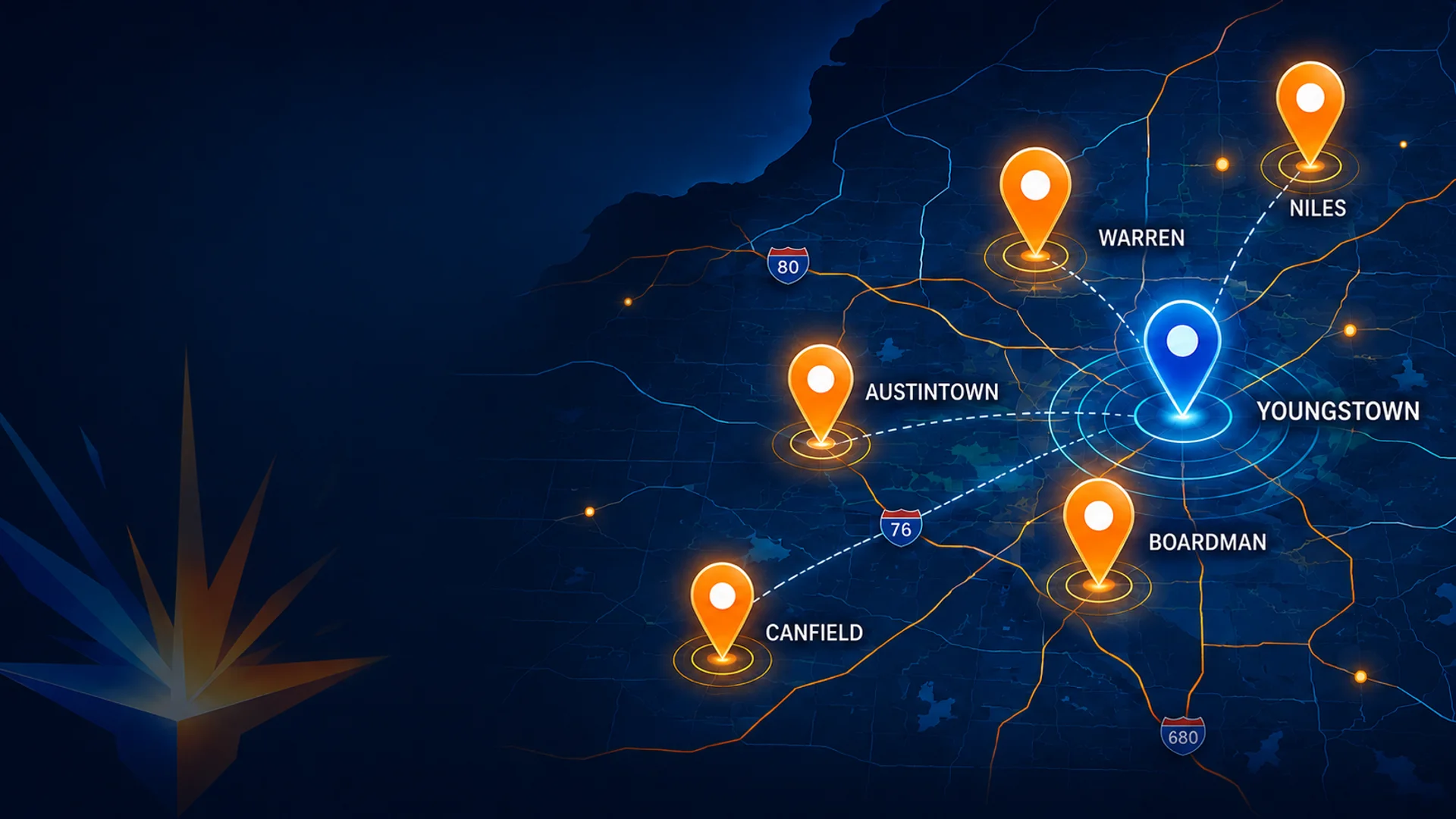 Ohio Map Pack coverage map showing Youngstown as the central hub with location pins for Warren, Niles, Boardman, Austintown, and Canfield