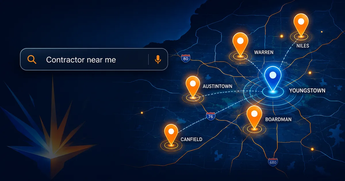 Google Map Pack visualization showing contractor search results across Youngstown, Warren, Boardman, Austintown, Niles, and Canfield, Ohio