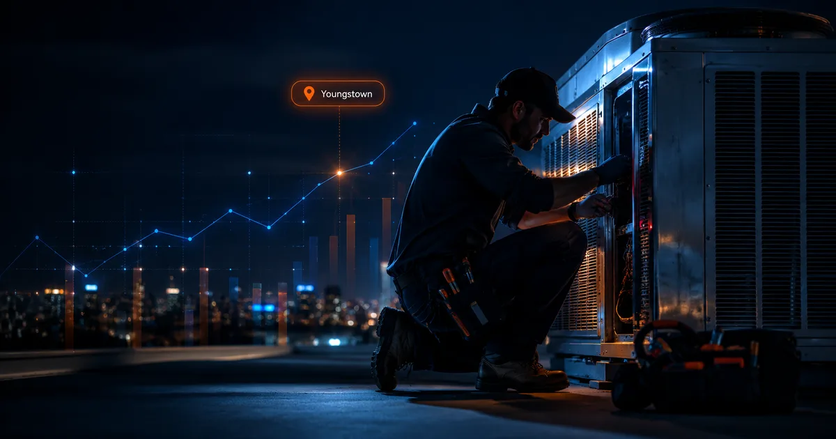 HVAC technician servicing a rooftop unit at night with Youngstown city lights and a digital growth chart overlay