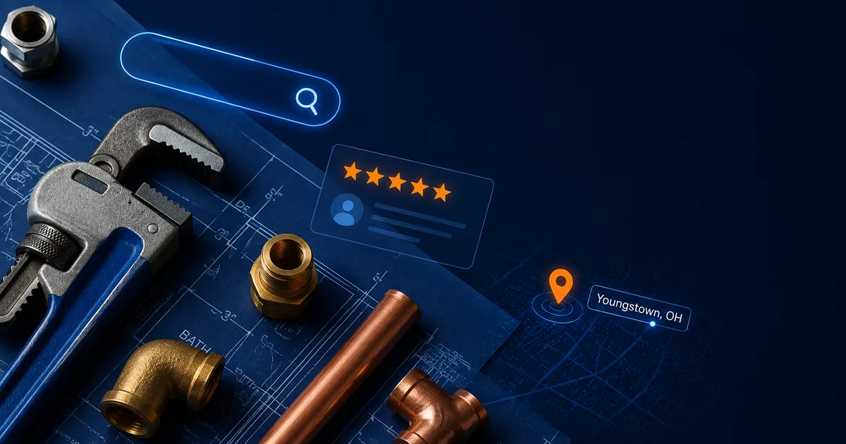 Plumbing tools and copper fittings on blueprints with digital search bar, 5-star review card, and Youngstown OH location pin overlay