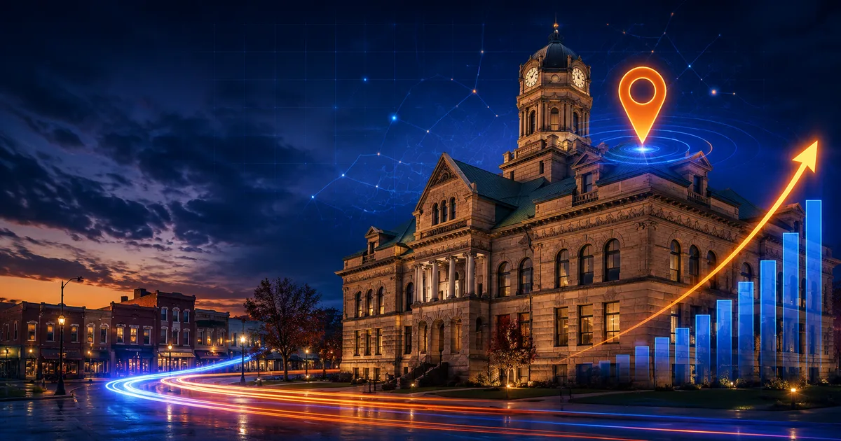 Warren Ohio courthouse at dusk with digital location pin and growth chart overlay representing local SEO for contractors