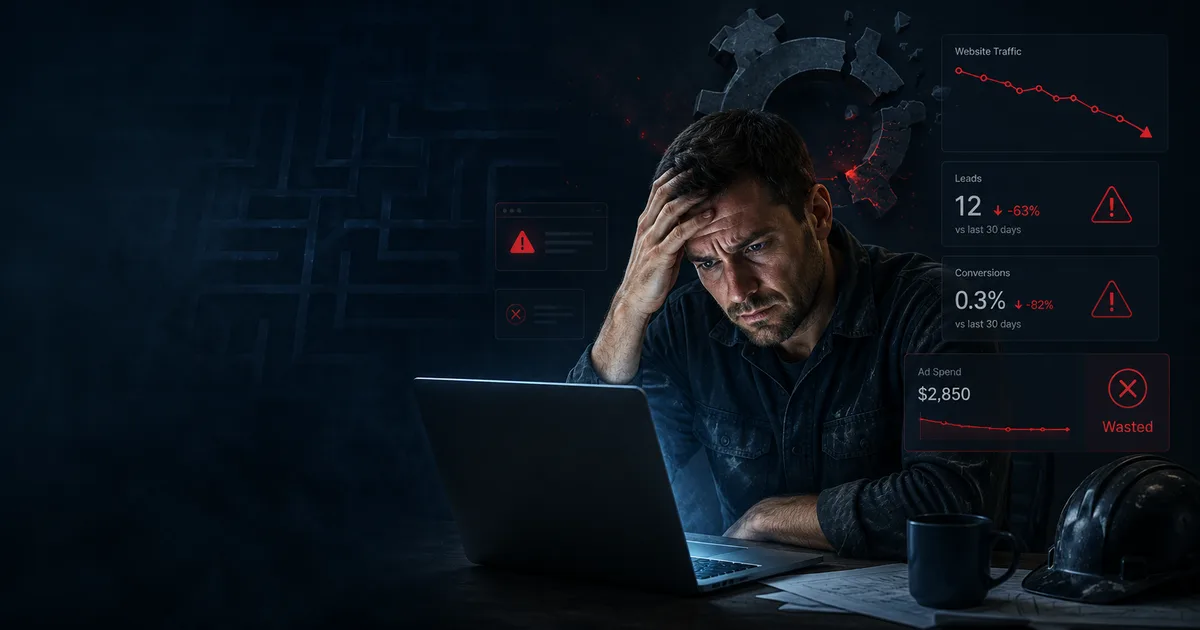 Frustrated contractor at laptop with declining traffic, -63% leads, and $2,850 wasted ad spend dashboard overlay